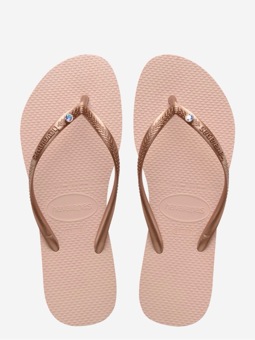 Havaianas Slim Crystal Flip Flops in Ballet Pink with Rose Gold Straps 9/10 NWT